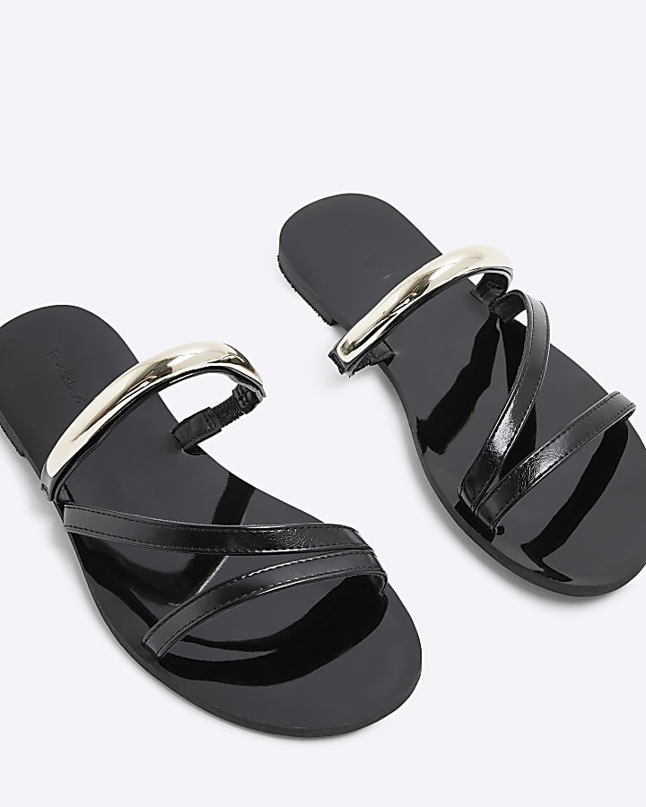 Black Metal Trim Flat Sandals