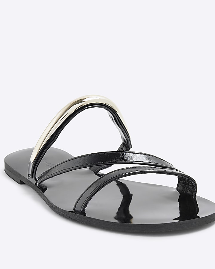 Black Metal Trim Flat Sandals