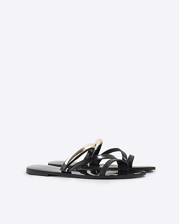 Black Metal Trim Flat Sandals