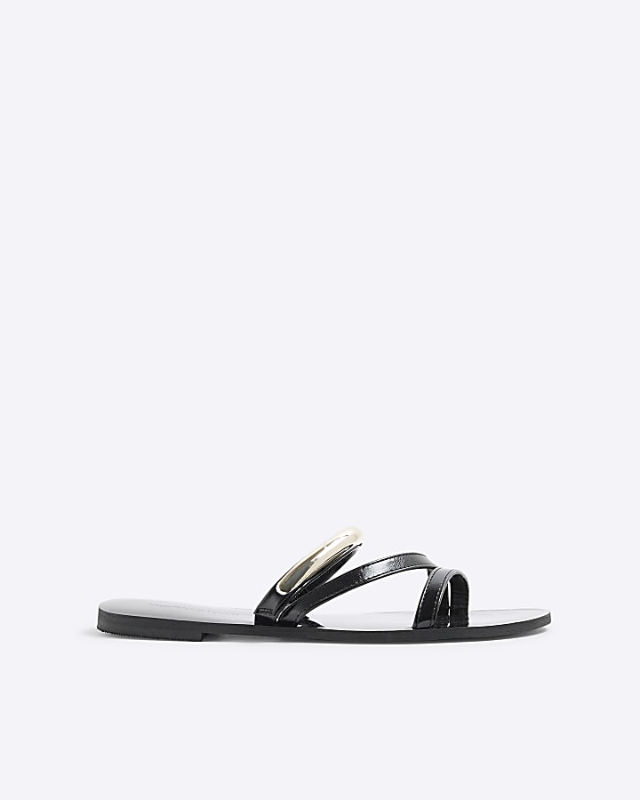 Black Metal Trim Flat Sandals