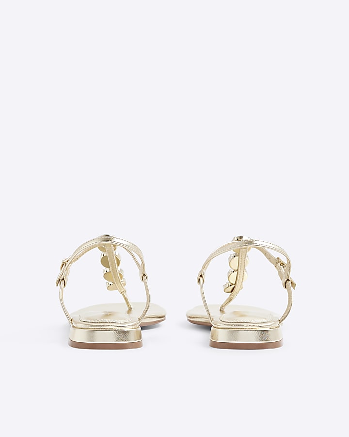 Gold Rhinestone Embellished Flat Sandals