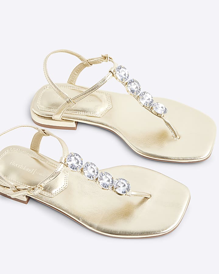 Gold Rhinestone Embellished Flat Sandals