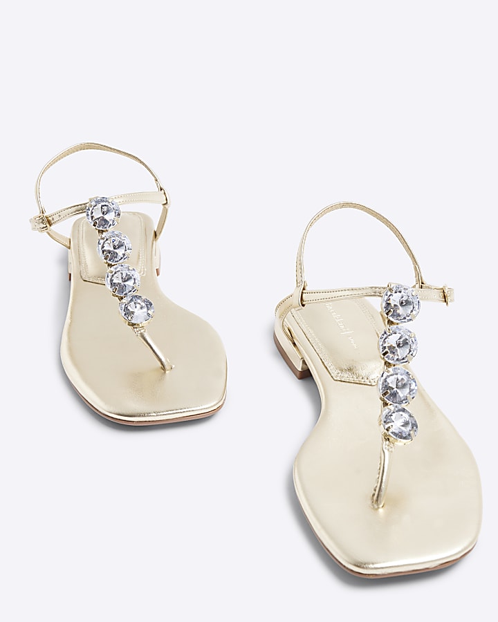 Gold Rhinestone Embellished Flat Sandals
