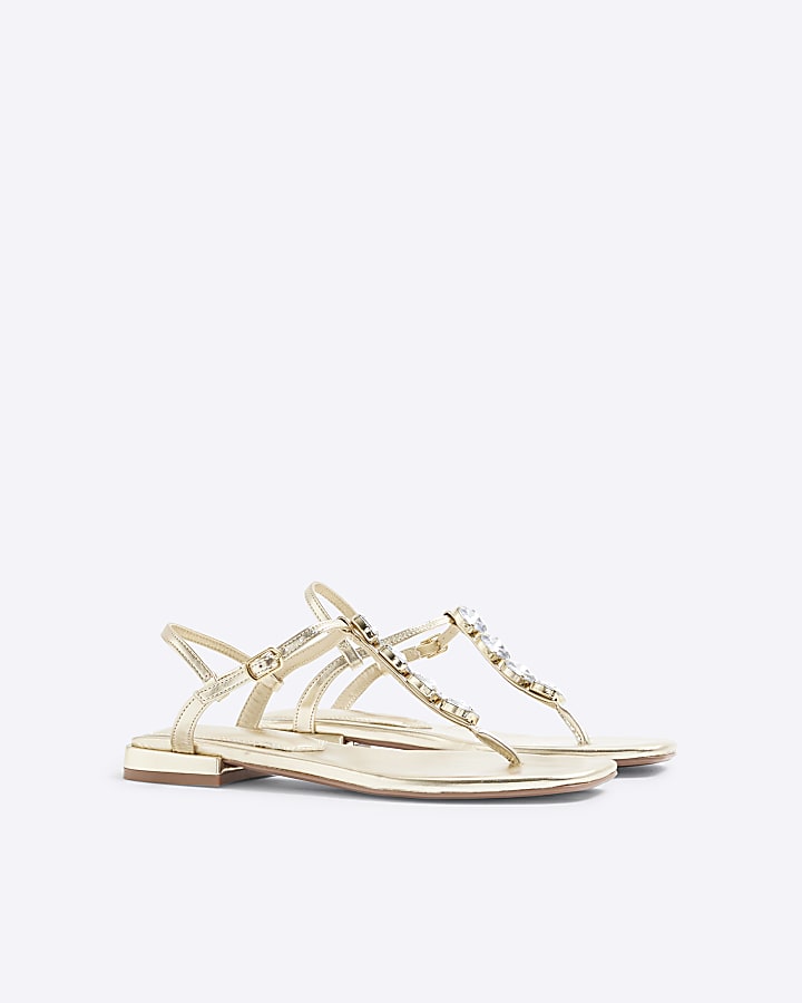 Gold Rhinestone Embellished Flat Sandals