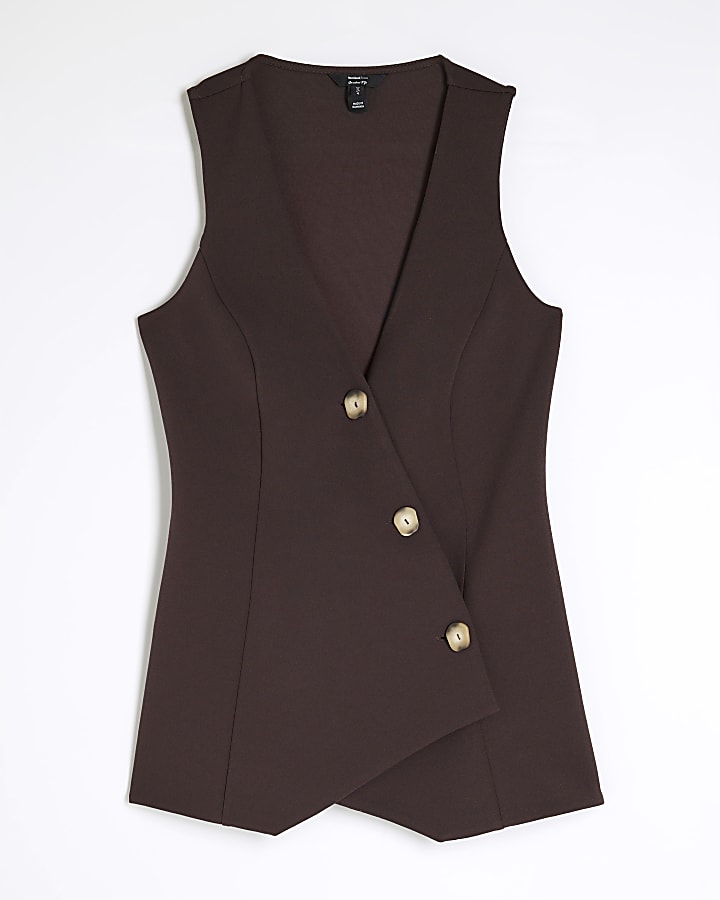 Brown Sleeveless Asymmetric Waistcoat