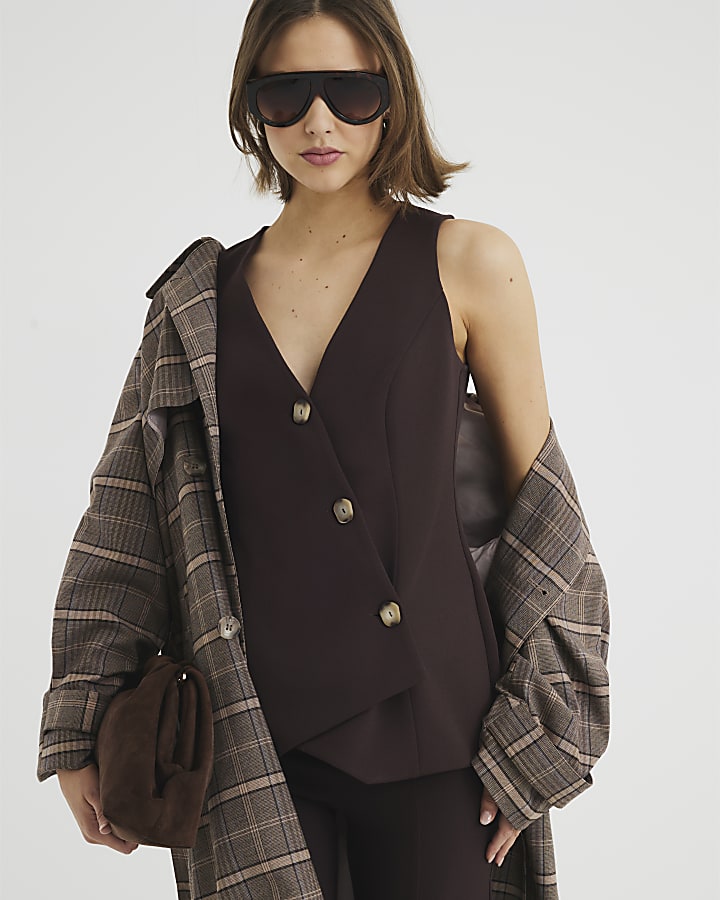 Brown Sleeveless Asymmetric Waistcoat