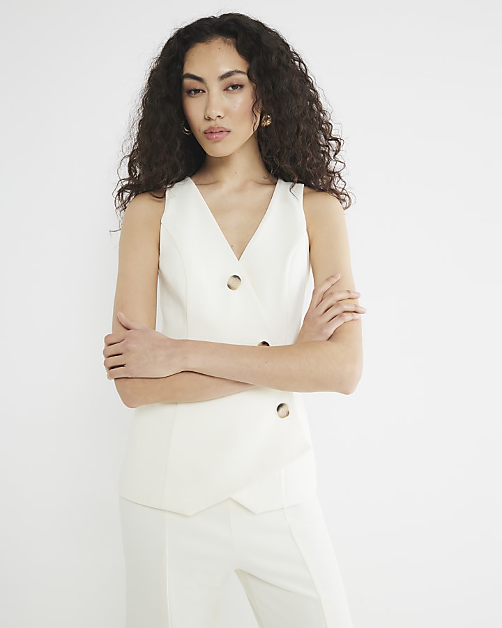 Cream Sleeveless Asymmetric Waistcoat