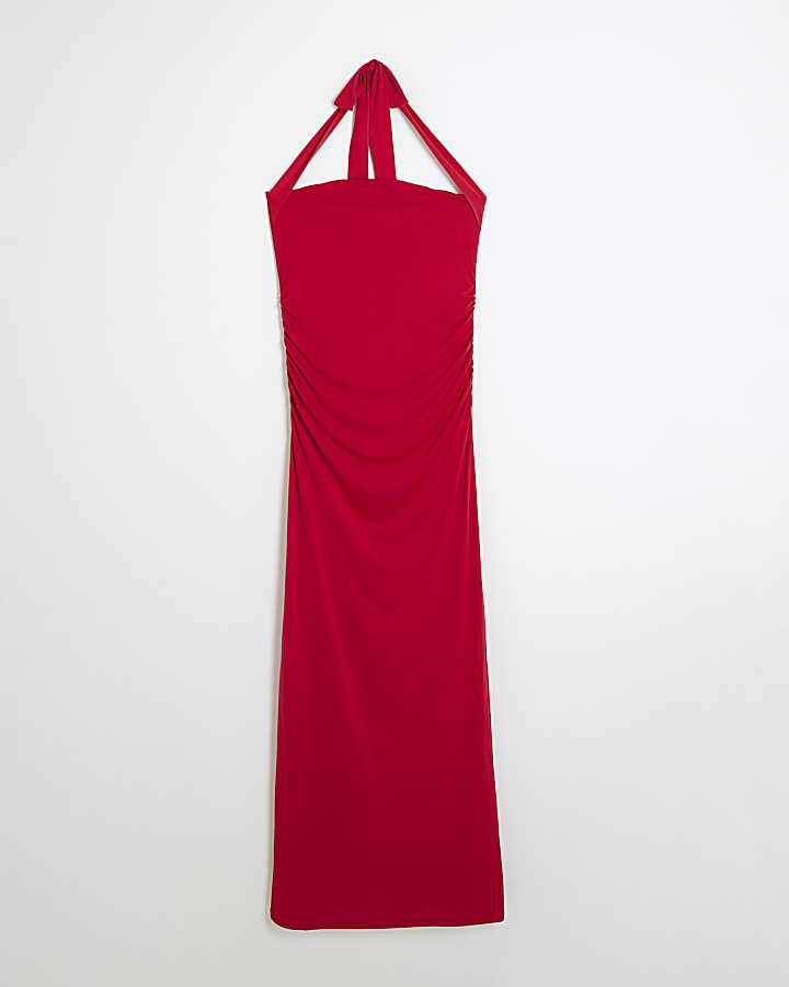 Red Sleeveless Halter Neck Midi Dress