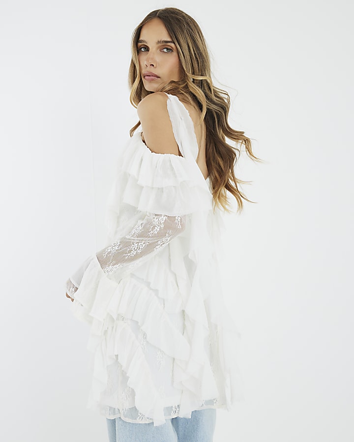 White Long Sleeve Lace Ruffled Mini Dress