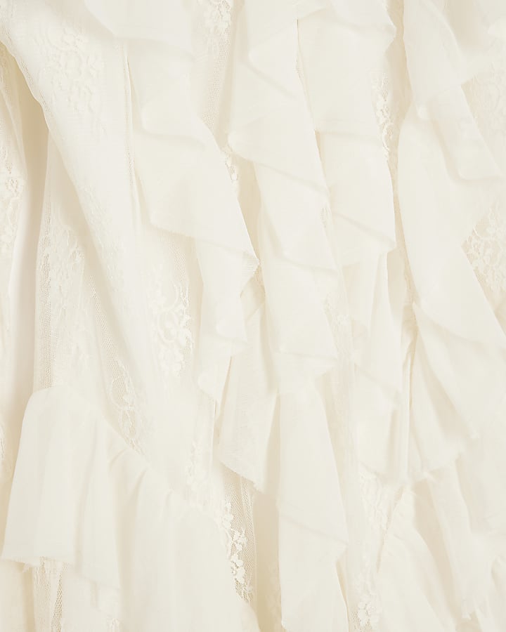 White Long Sleeve Lace Ruffled Mini Dress