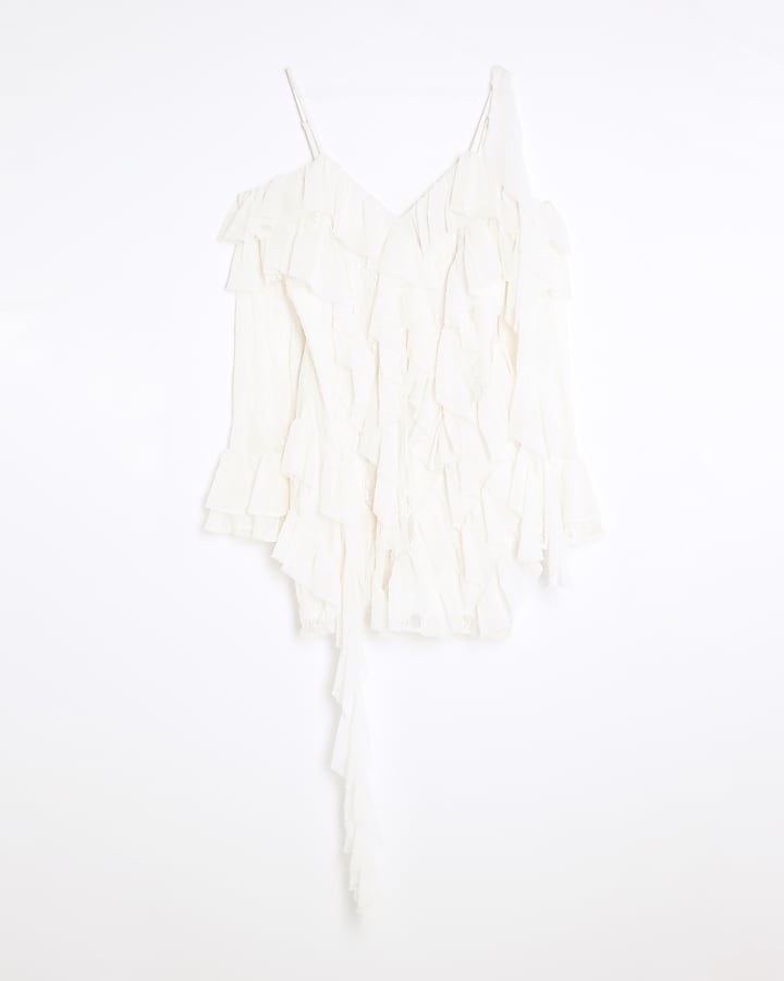 White Long Sleeve Lace Ruffled Mini Dress