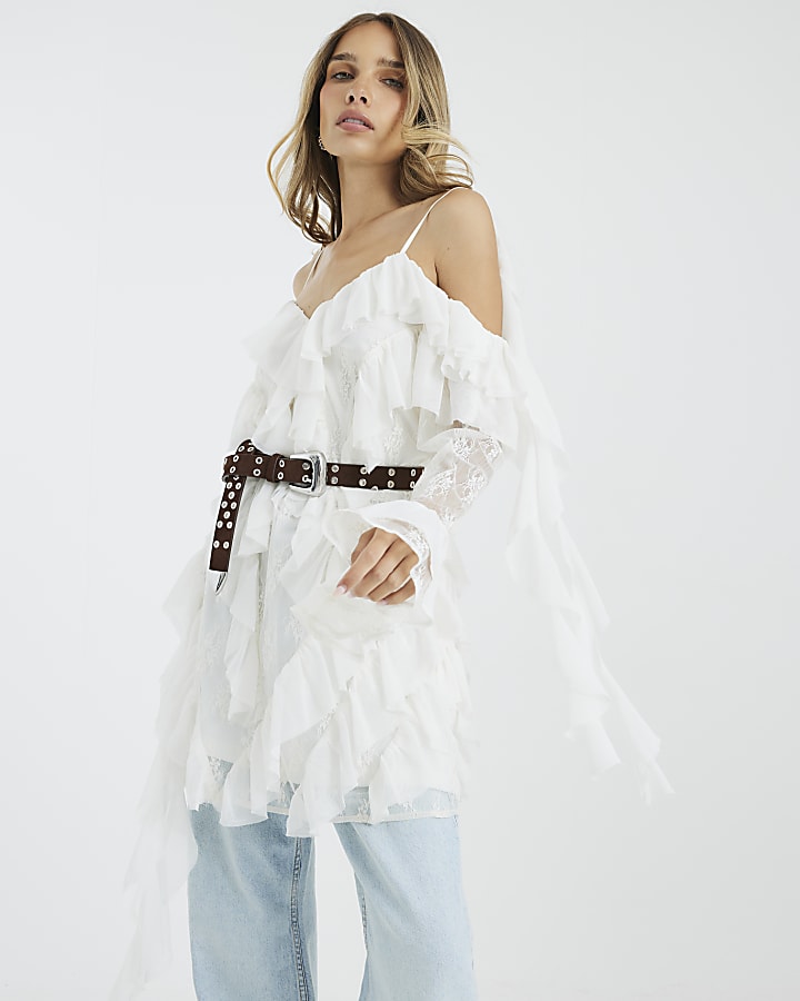 White Long Sleeve Lace Ruffled Mini Dress