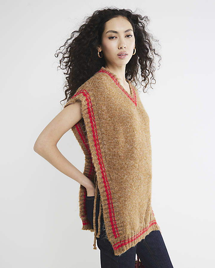 Brown V Neck Stripe Knit Poncho