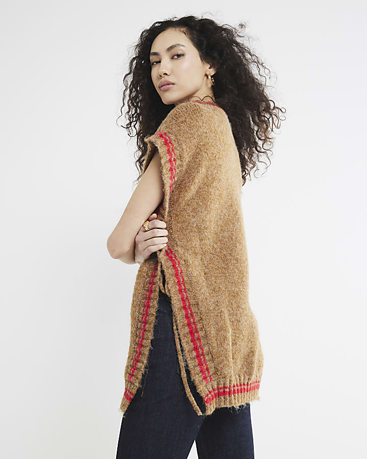 Brown V Neck Stripe Knit Poncho