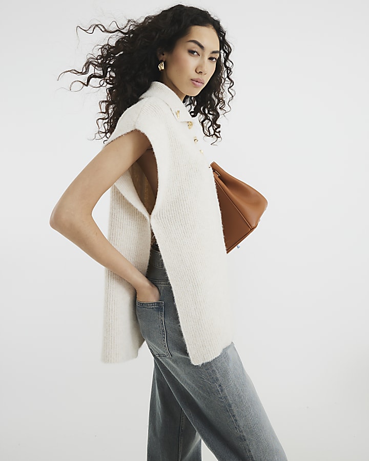 Cream Sleeveless Button Neck Poncho