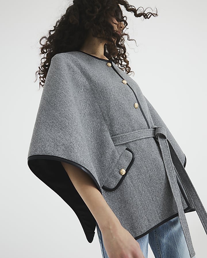 Grey Belted Button Up Cape