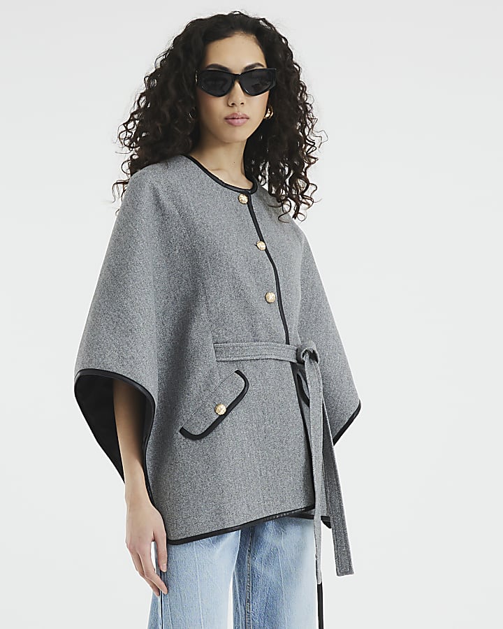 Grey Belted Button Up Cape