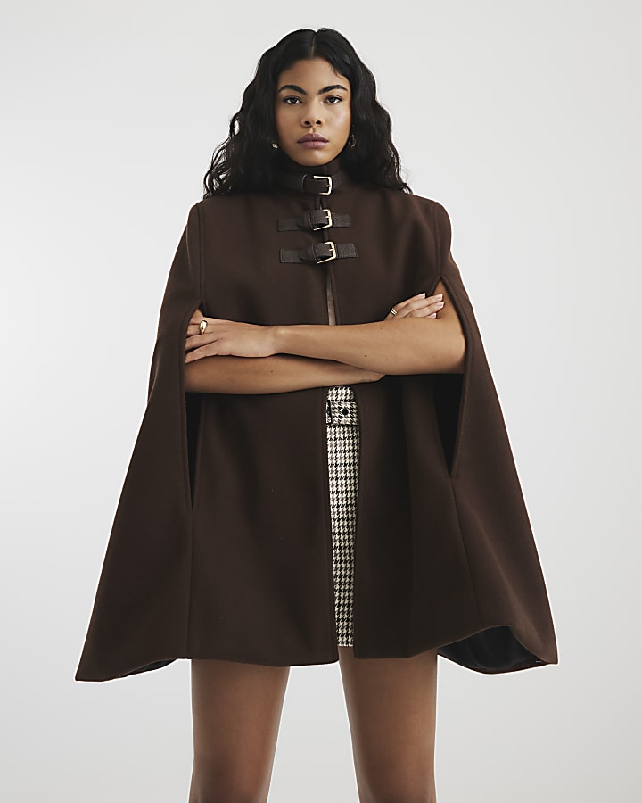 Brown High Neck Military Cape