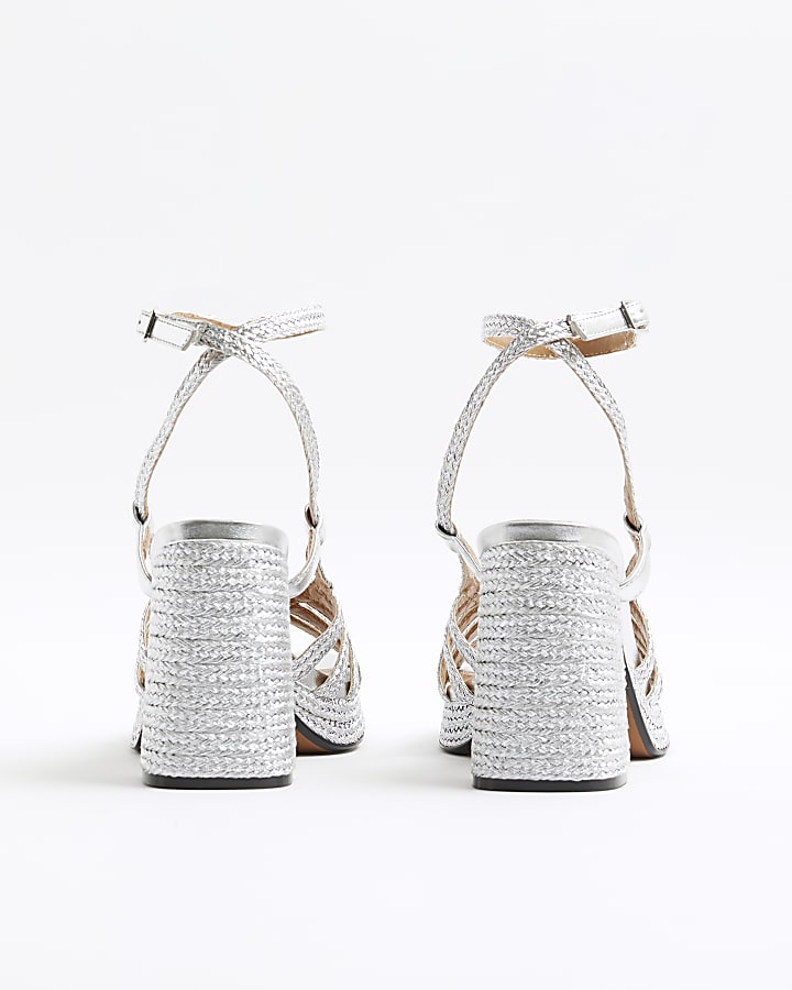 Silver Plaited Raffia Platform Heeled Sandals