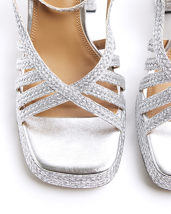 Silver Plaited Raffia Platform Heeled Sandals