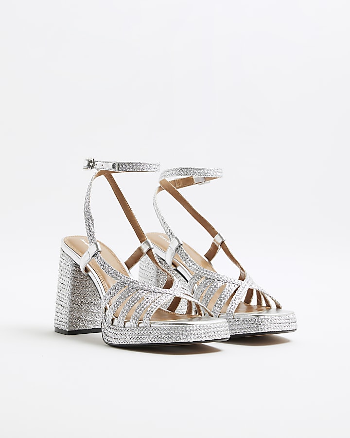 Silver Plaited Raffia Platform Heeled Sandals