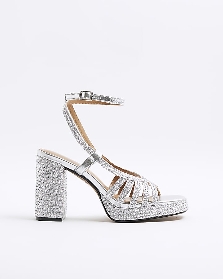 Silver Plaited Raffia Platform Heeled Sandals