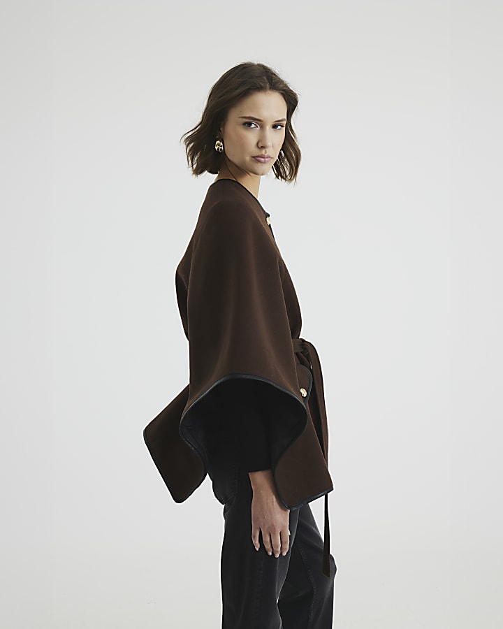 Brown Belted Button up Cape