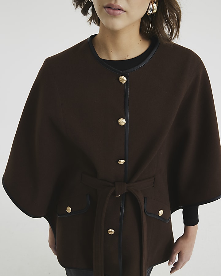 Brown Belted Button up Cape