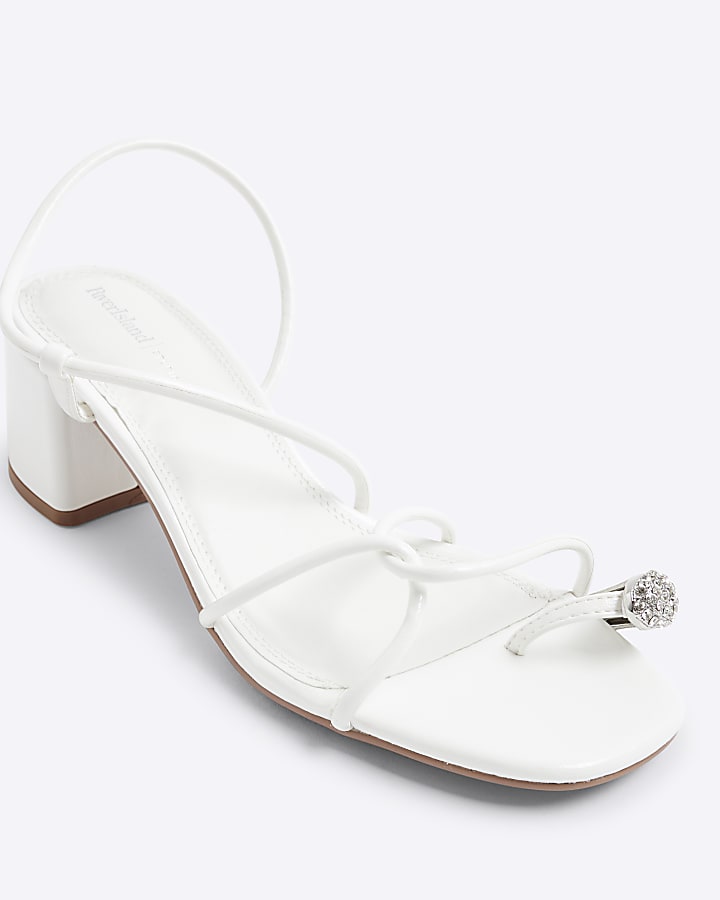 White Diamante Toe Loop Block Heel Sandals