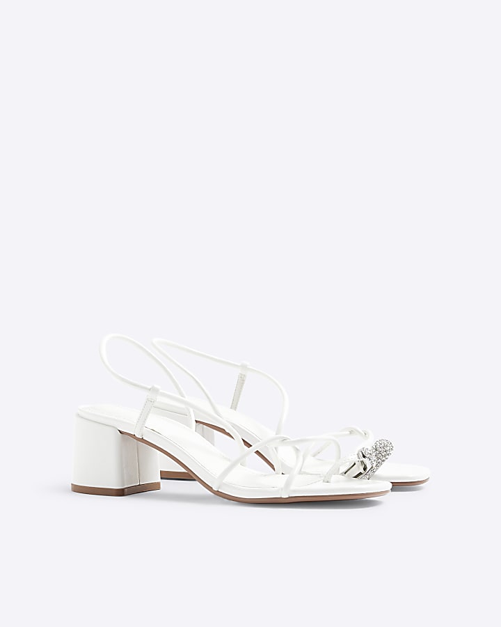 White Diamante Toe Loop Block Heel Sandals