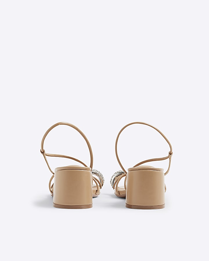 Beige Diamante Toe Loop Block Heel Sandals
