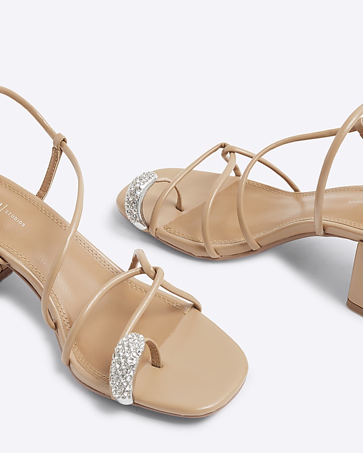 Beige Diamante Toe Loop Block Heel Sandals