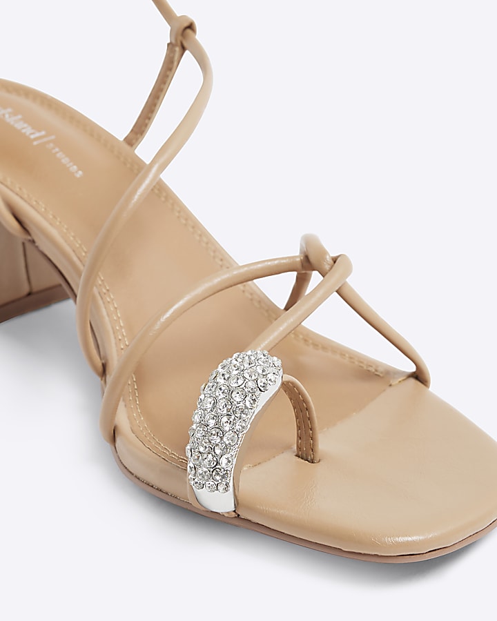 Beige Diamante Toe Loop Block Heel Sandals