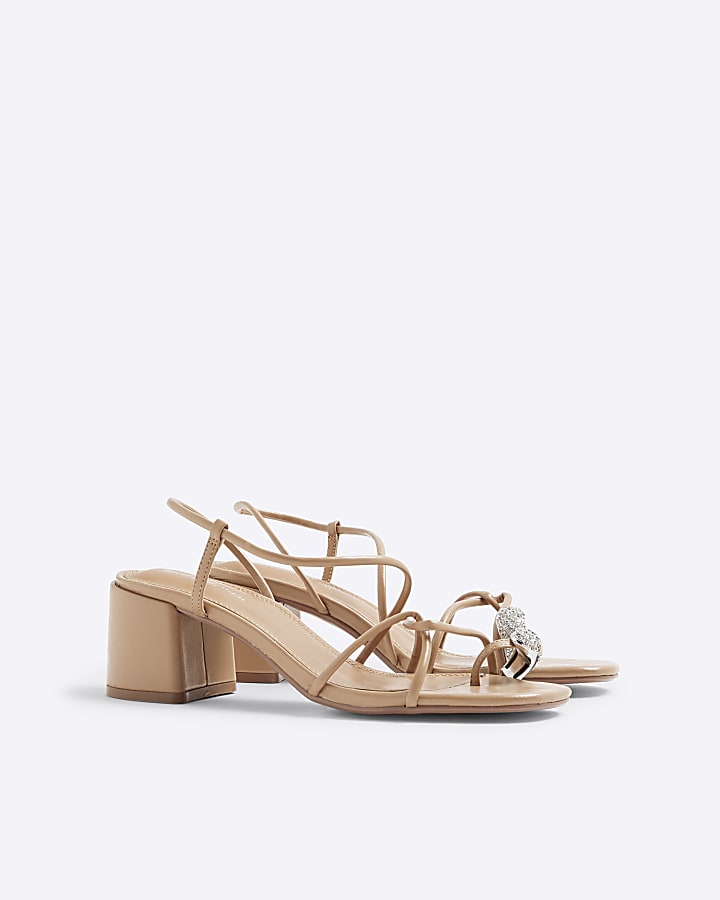 Beige Diamante Toe Loop Block Heel Sandals