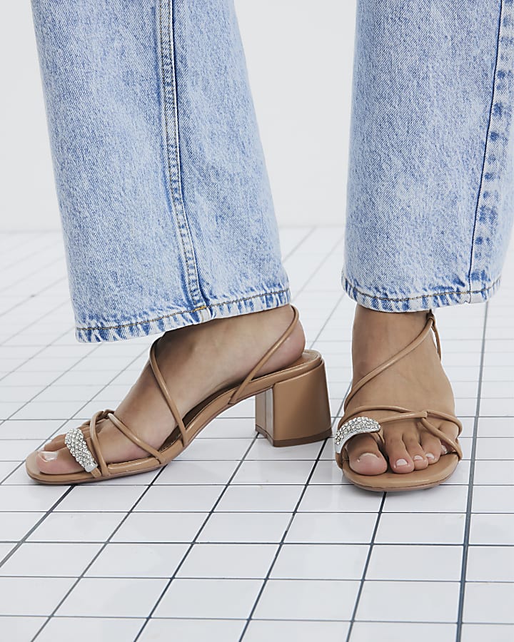 Beige Diamante Toe Loop Block Heel Sandals