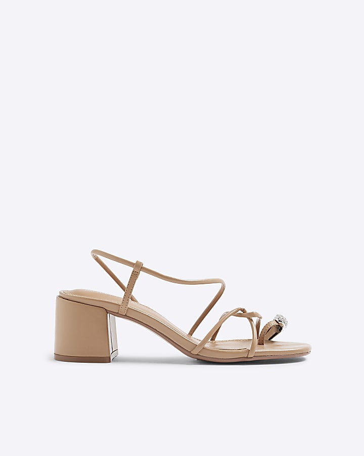 Beige Diamante Toe Loop Block Heel Sandals