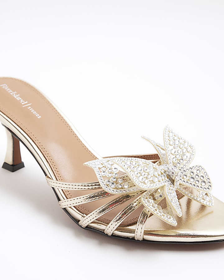 Gold Butterfly Heeled Mule Sandals