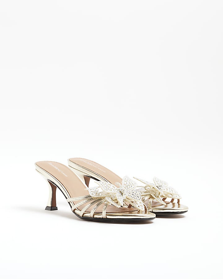 Gold Butterfly Heeled Mule Sandals