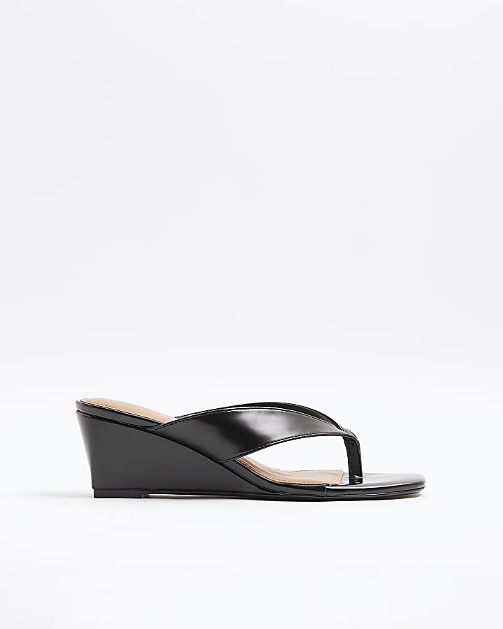 Black Toe Thong Wedge Heel Sandals