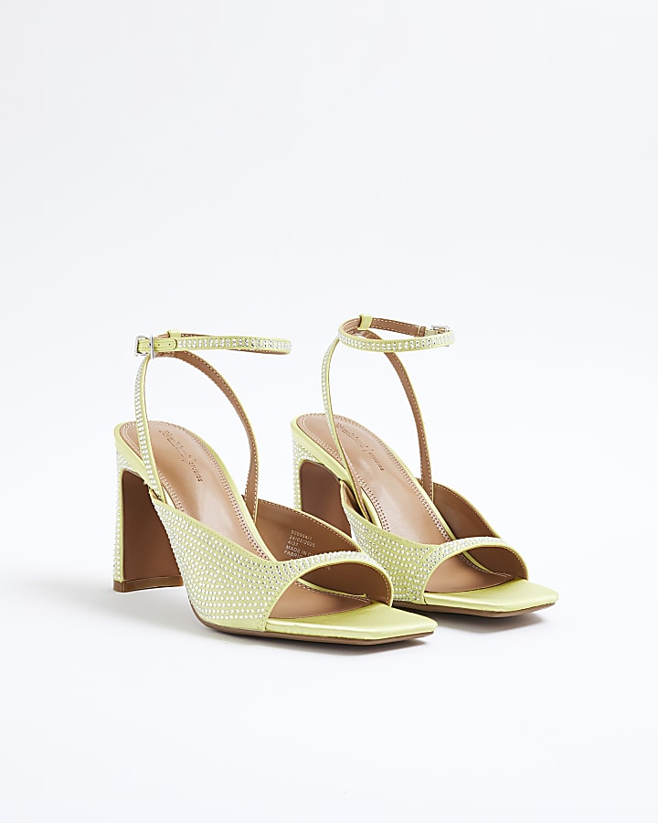 Yellow Satin Diamante Heeled Sandals