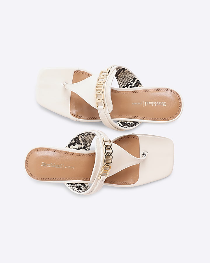 Cream Snaffle Detail Toe Thong Kitten Heels
