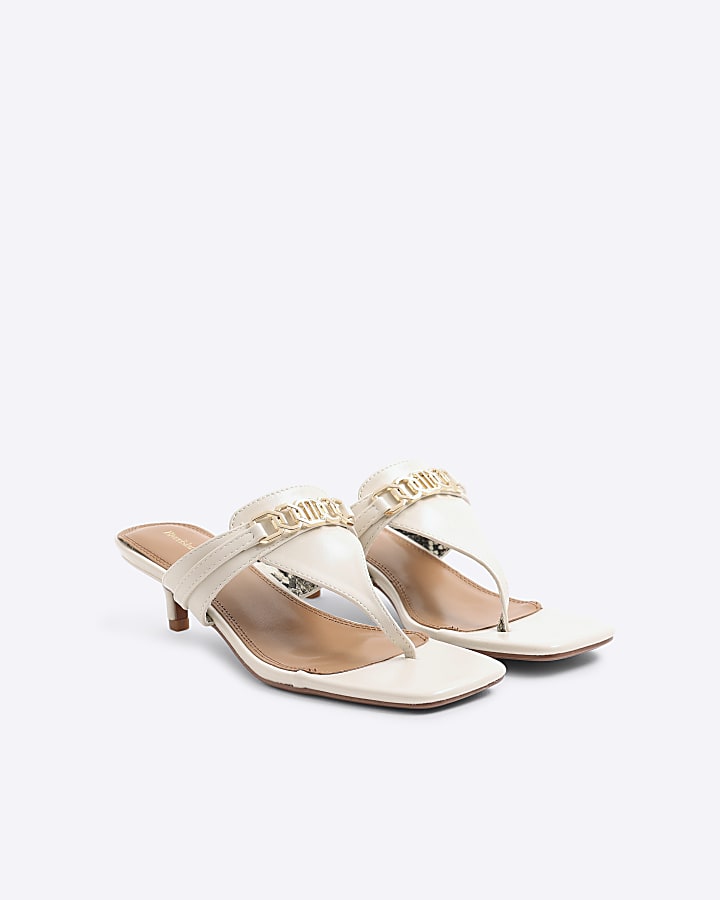 Cream Snaffle Detail Toe Thong Kitten Heels