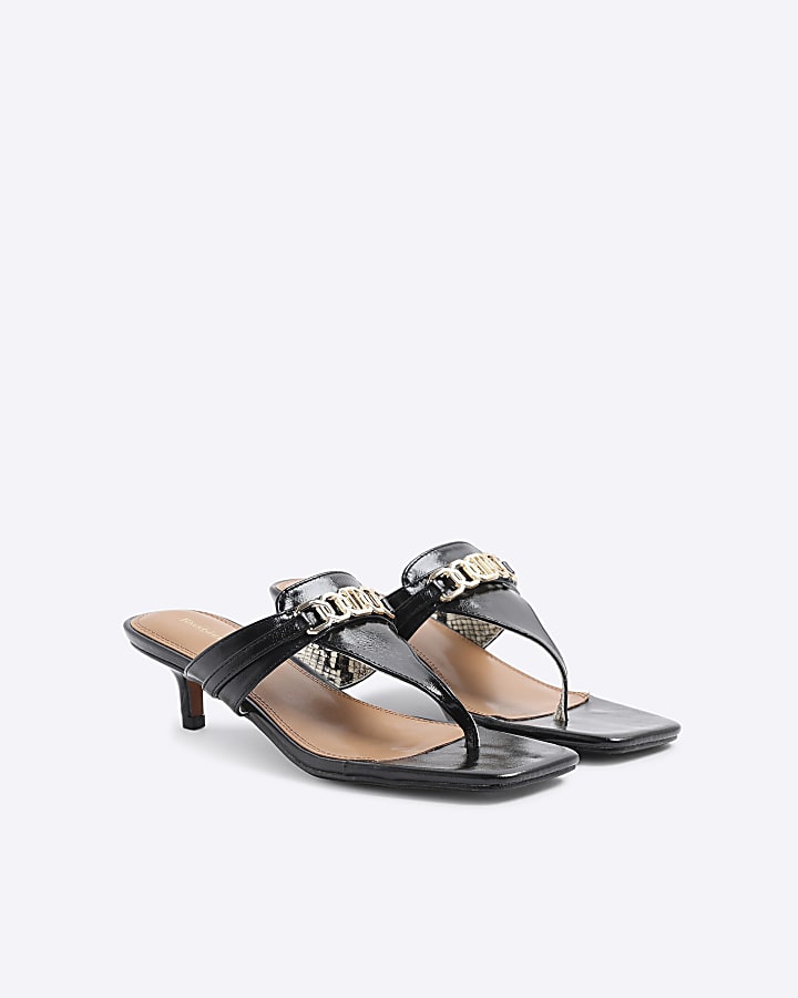 Black Snaffle Detail Toe Thong Kitten Heels