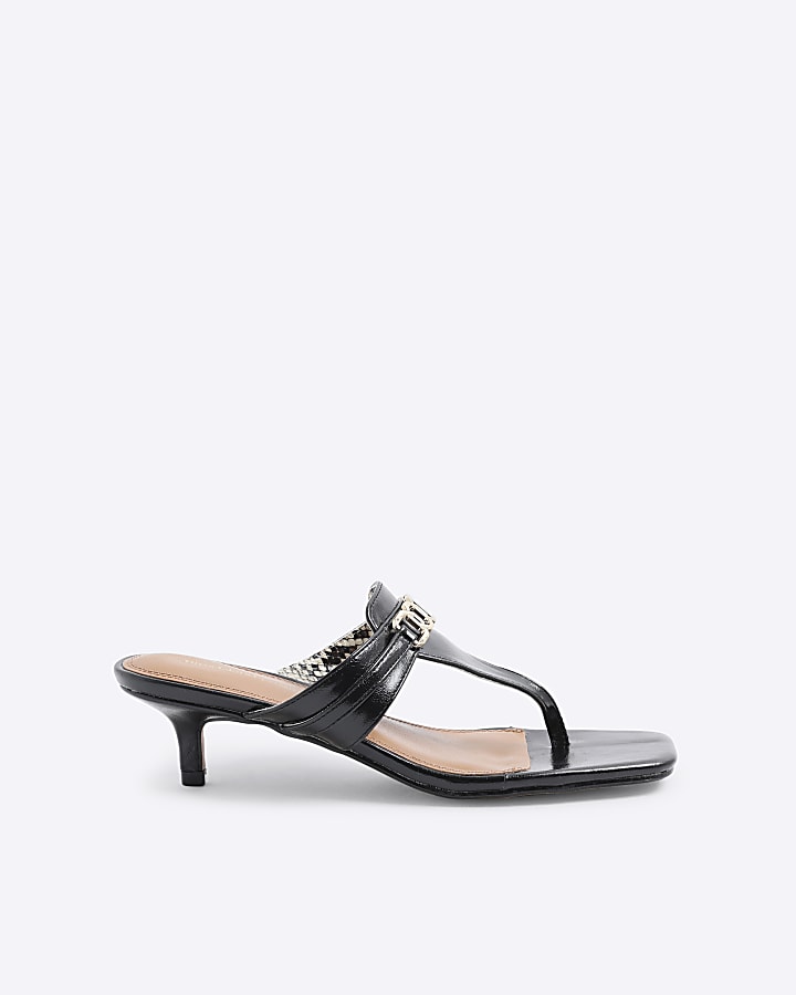 Black Snaffle Detail Toe Thong Kitten Heels
