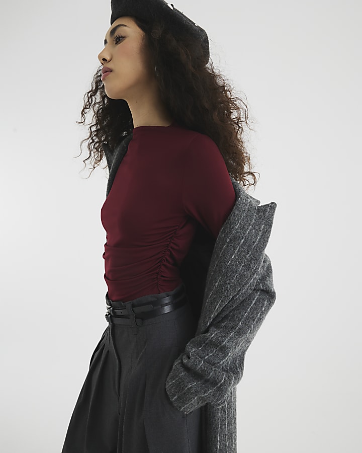 Burgundy Long Sleeved Draped Ruched Top
