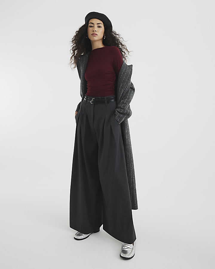Burgundy Long Sleeved Draped Ruched Top