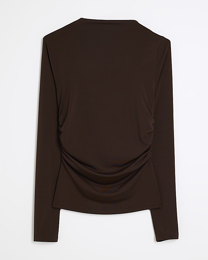 Brown Long Sleeved Draped Ruched Top