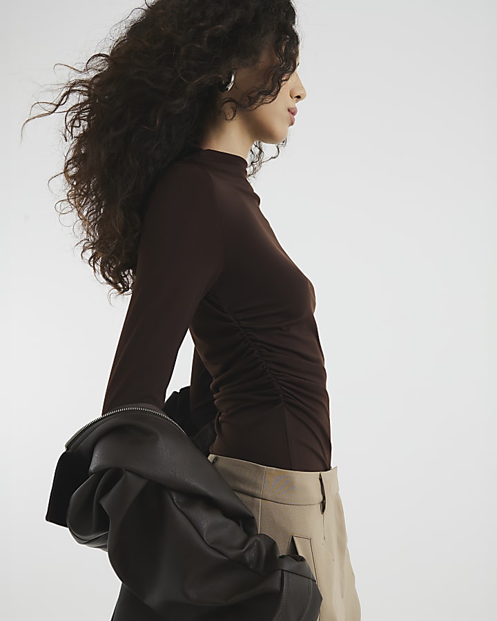 Brown Long Sleeved Draped Ruched Top