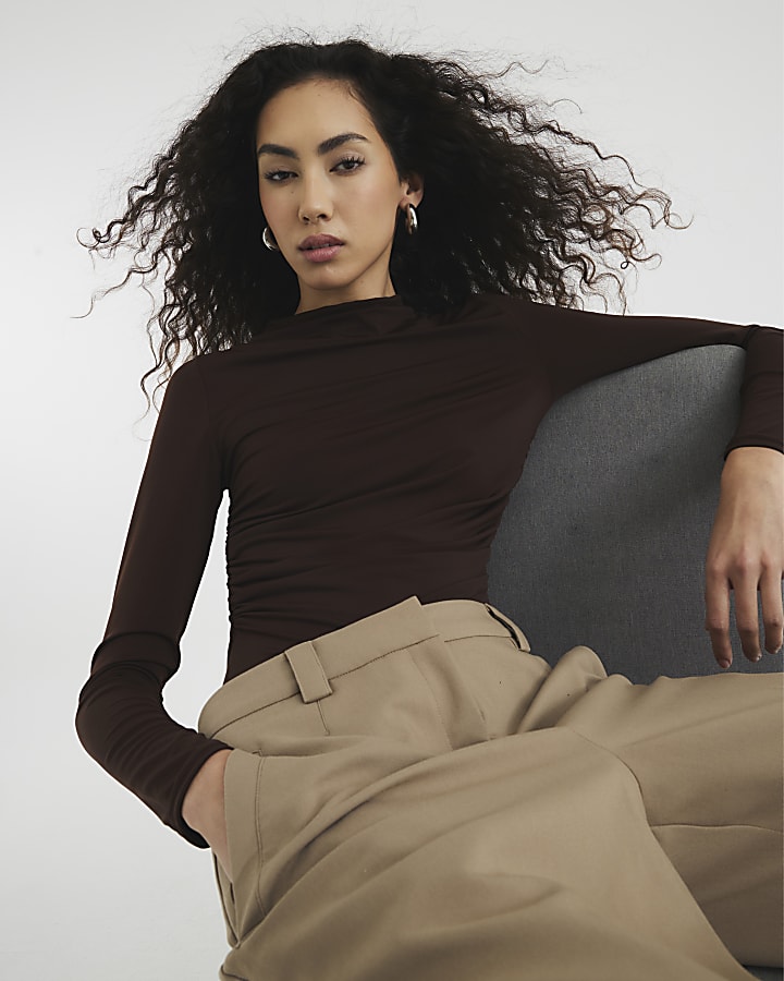 Brown Long Sleeved Draped Ruched Top