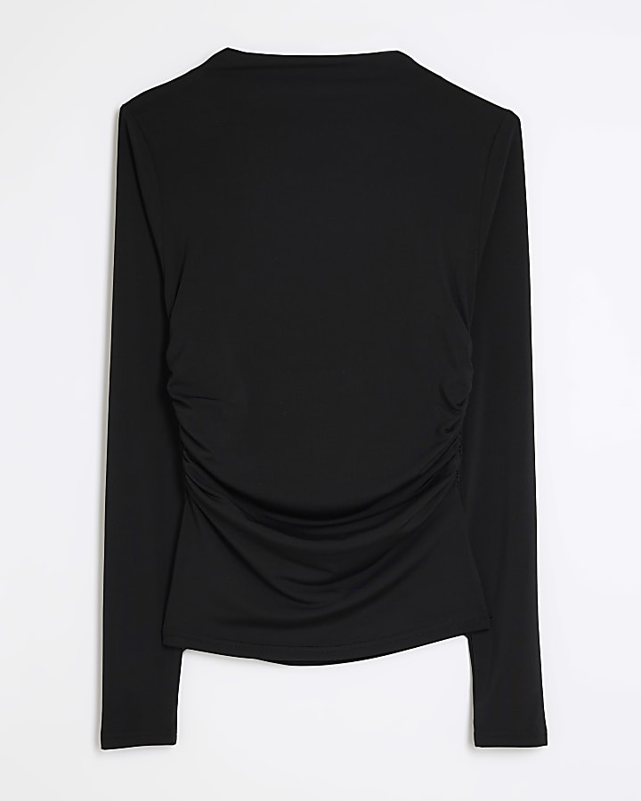 Black Long Sleeved Drape Ruched Top